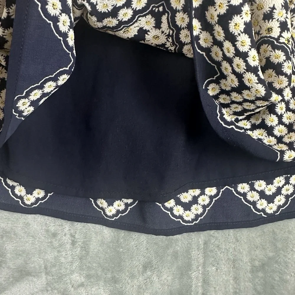Talbots Pleated Skirt Women's 10 Blue w/ White Yellow Daisy Print A-Line Lined